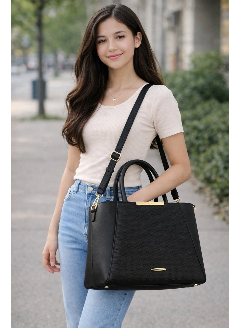 Women’s Shoulder Bag Elegant Textured Satchel with Adjustable Crossbody Strap Spacious Trendy Dusty Tote for Work & Daily Use (Black) - Image 2